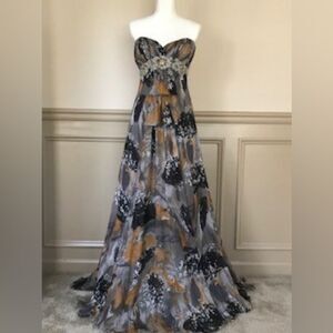 Tony Bowls Evenings Silk Print Beaded Empire Waist Strapless Gown 6